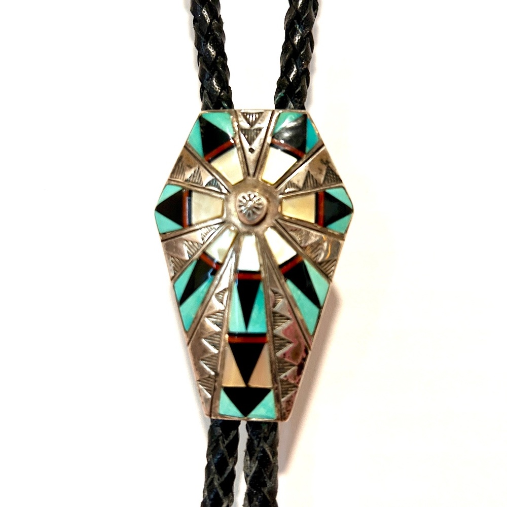 Vintage Zuni-inspired Sterling Silver Inlay Bolo Tie